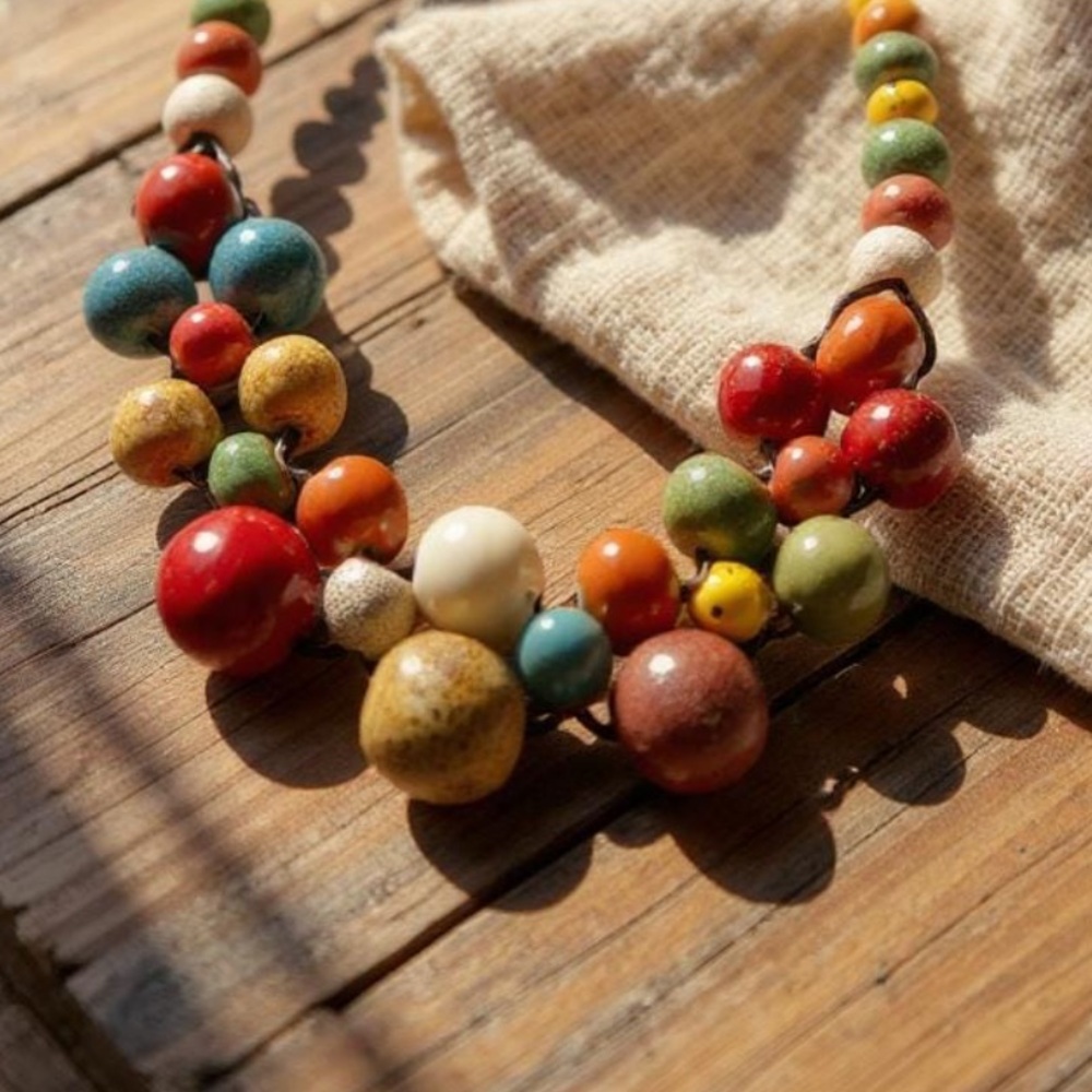 Multicolor Ceramic Bead Necklace - Women's Fashion Jewelry - Picture 4 of 6